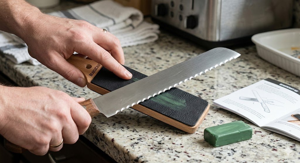 Stropping the flat side of the blade helps remove the final microscopic burrs for a clean, snag-free slice.